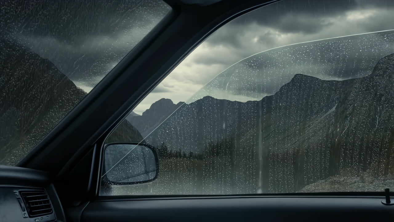 Rainy View from a Car Window in the Mountains
