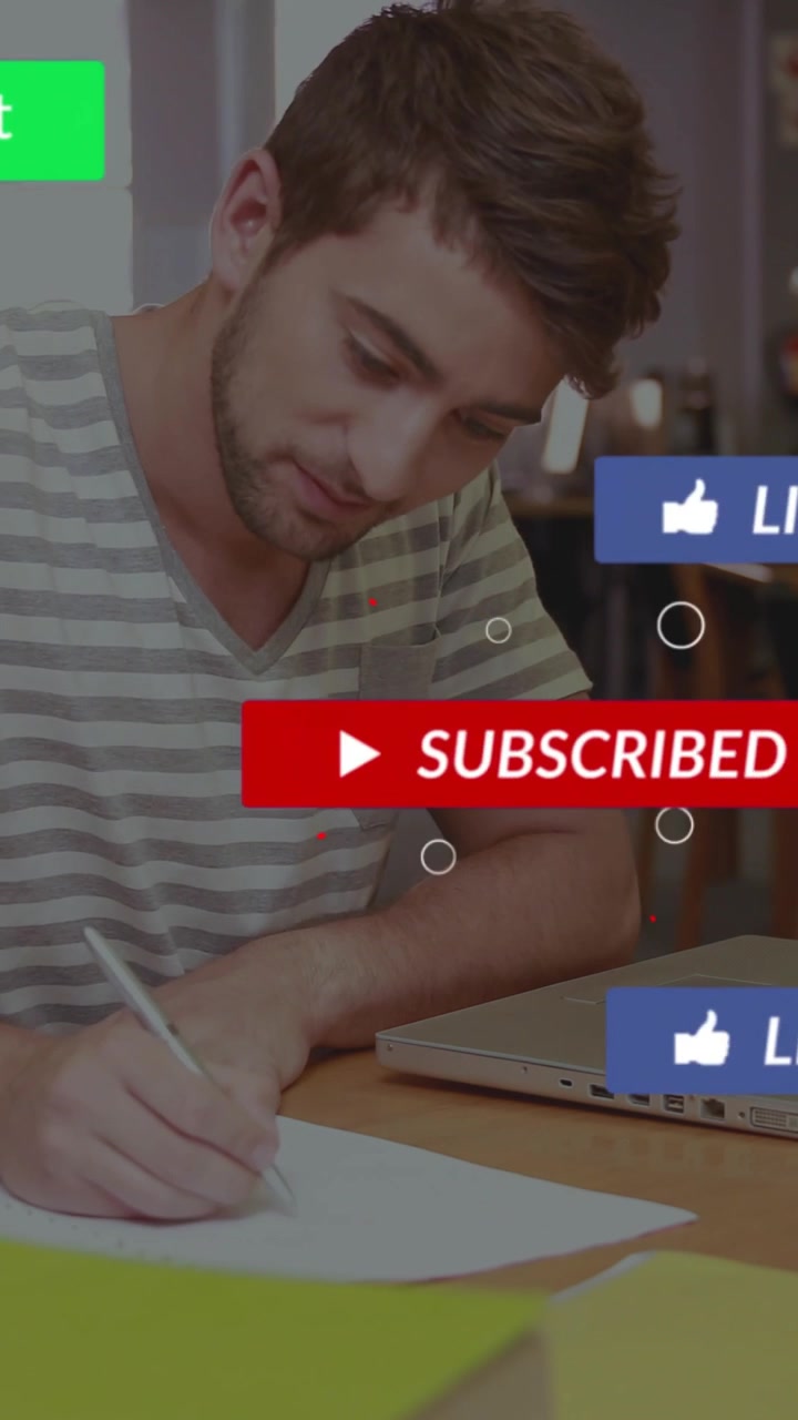 Vídeo vertical: Homem escrevendo em uma mesa, com sobreposições de mídia surgindo, o laptop clicando e gerenciando inscrições.