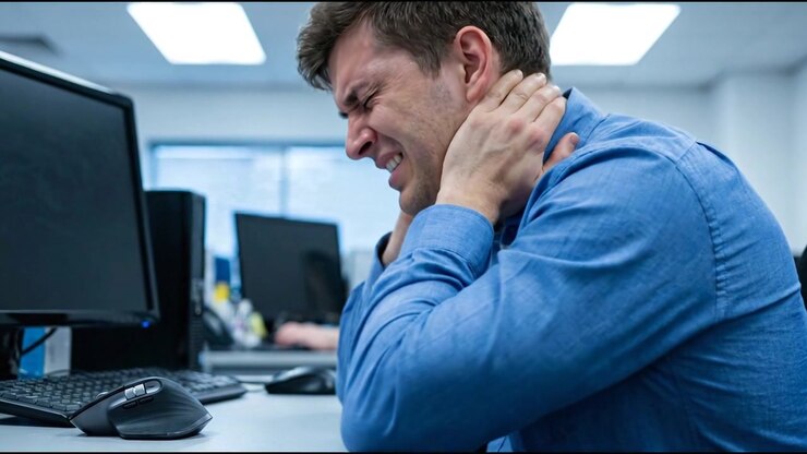 Büroangestellter hält sich den Nacken, während er sich am Computer nach vorne beugt, im Rahmen eines alltäglichen Gesundheitskonzepts.