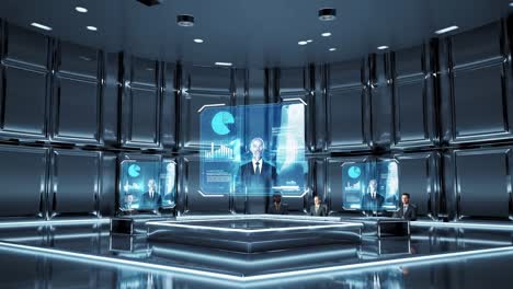 futuristic business conference room with holographic displays