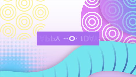 diseño alegre y colorido de felices vacaciones con fondo púrpura y círculo festivo