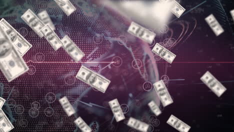 animación de billetes de dólares estadounidenses flotando sobre un monitor de frecuencia cardíaca y un mapa del mundo