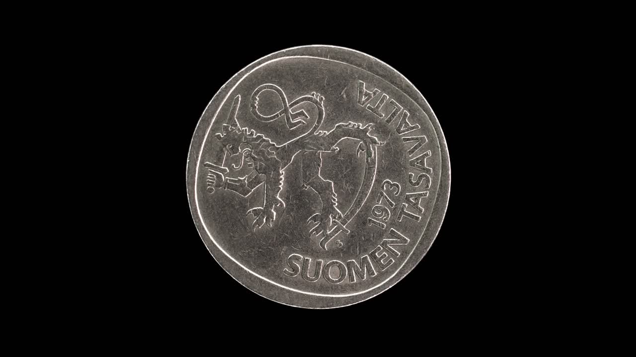 Finland 1973 one markka coin obverse with coat of arms rotating on black background