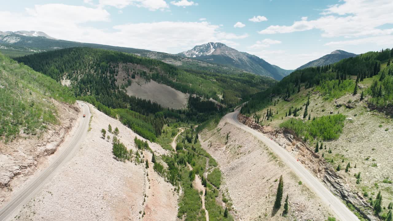 Aerial push of a road that follows the mountains as a part of the San Juan mountain range.