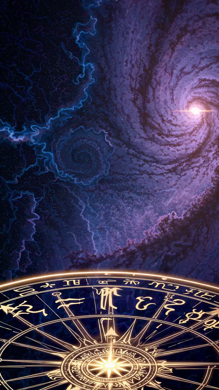 A cosmic-themed video still featuring a swirling galaxy and zodiac wheel, captured from a low angle