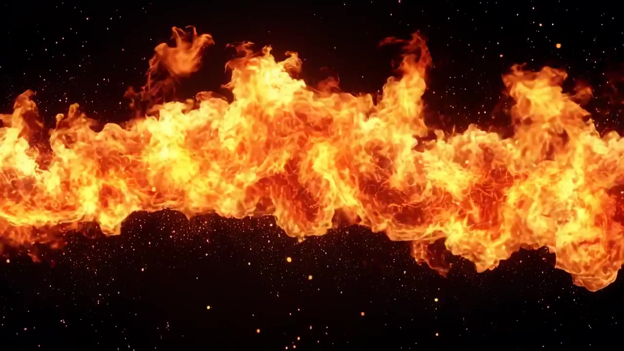 Intens ildflammestrøm med svævende gløder på sort baggrund