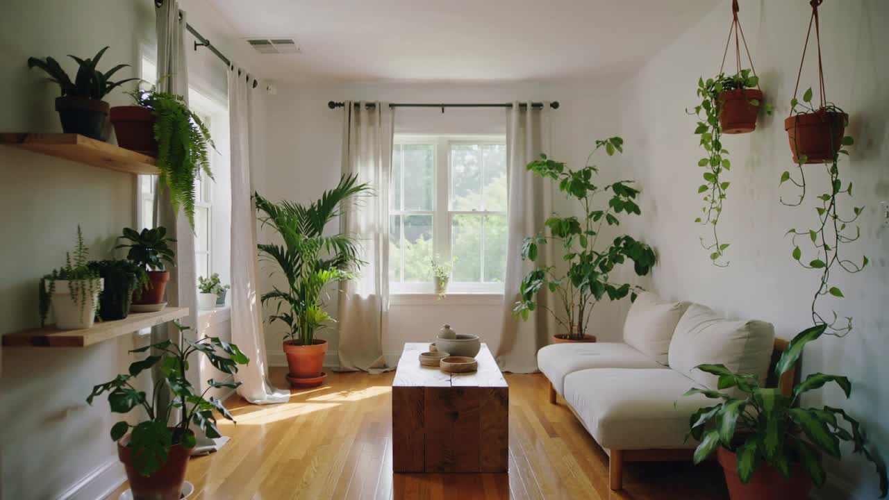 Luz solar aumentando, câmera se aproximando da sala de estar em casa para destacar mesa, sofá, plantas.