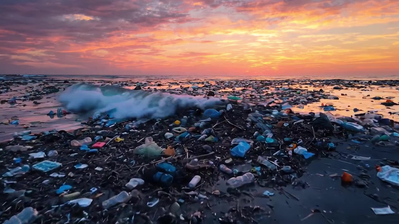 The stark contrast of beauty and pollution as vibrant sunset colors reflect on a beach littered with plastic waste and debris, illustrating the urgent need for environmental awareness.