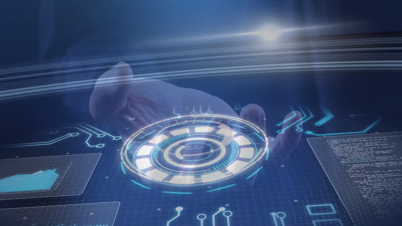 Hand interacting with digital animation showing graphs and circuit patterns in school