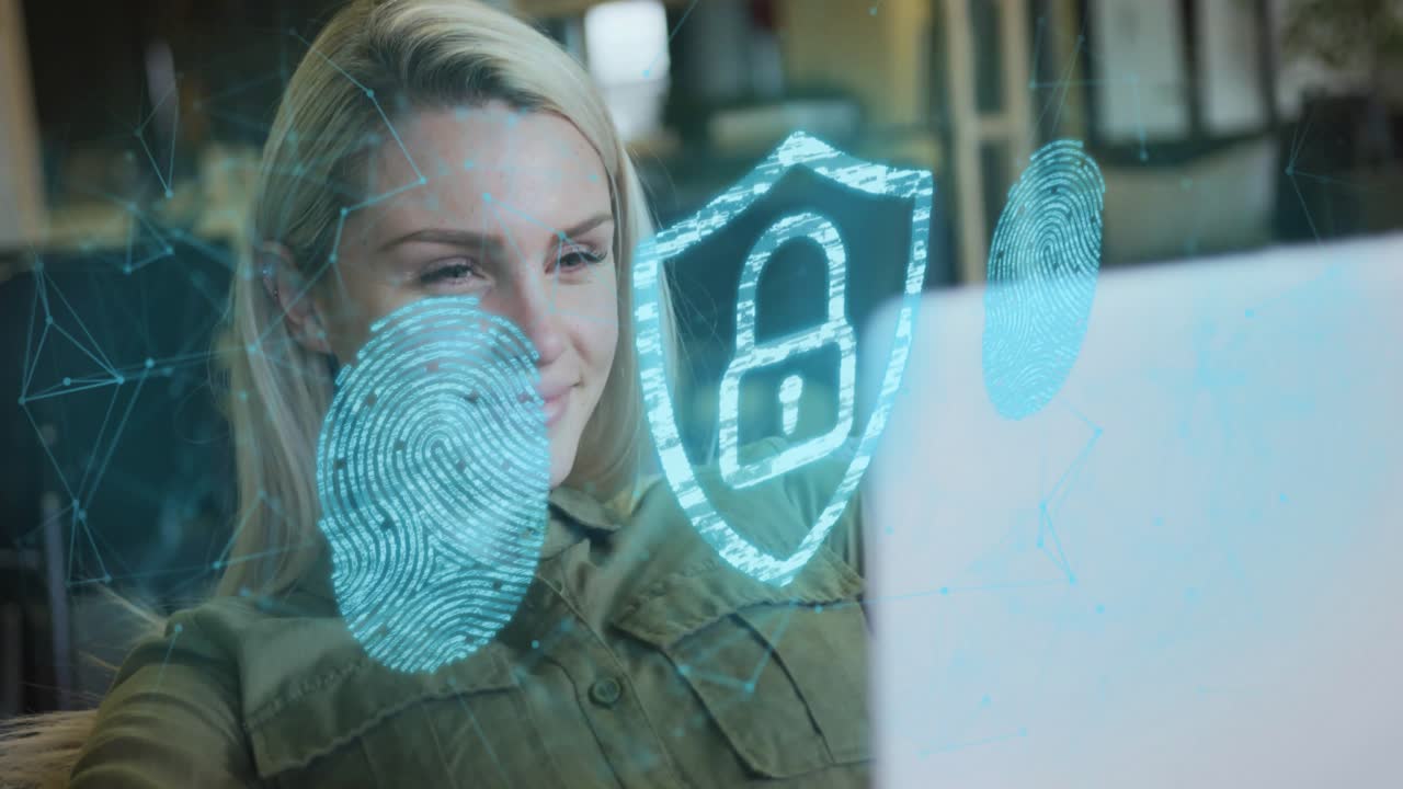 Data stream sweeping starting authentication, icons animating as woman smiling to secure connection