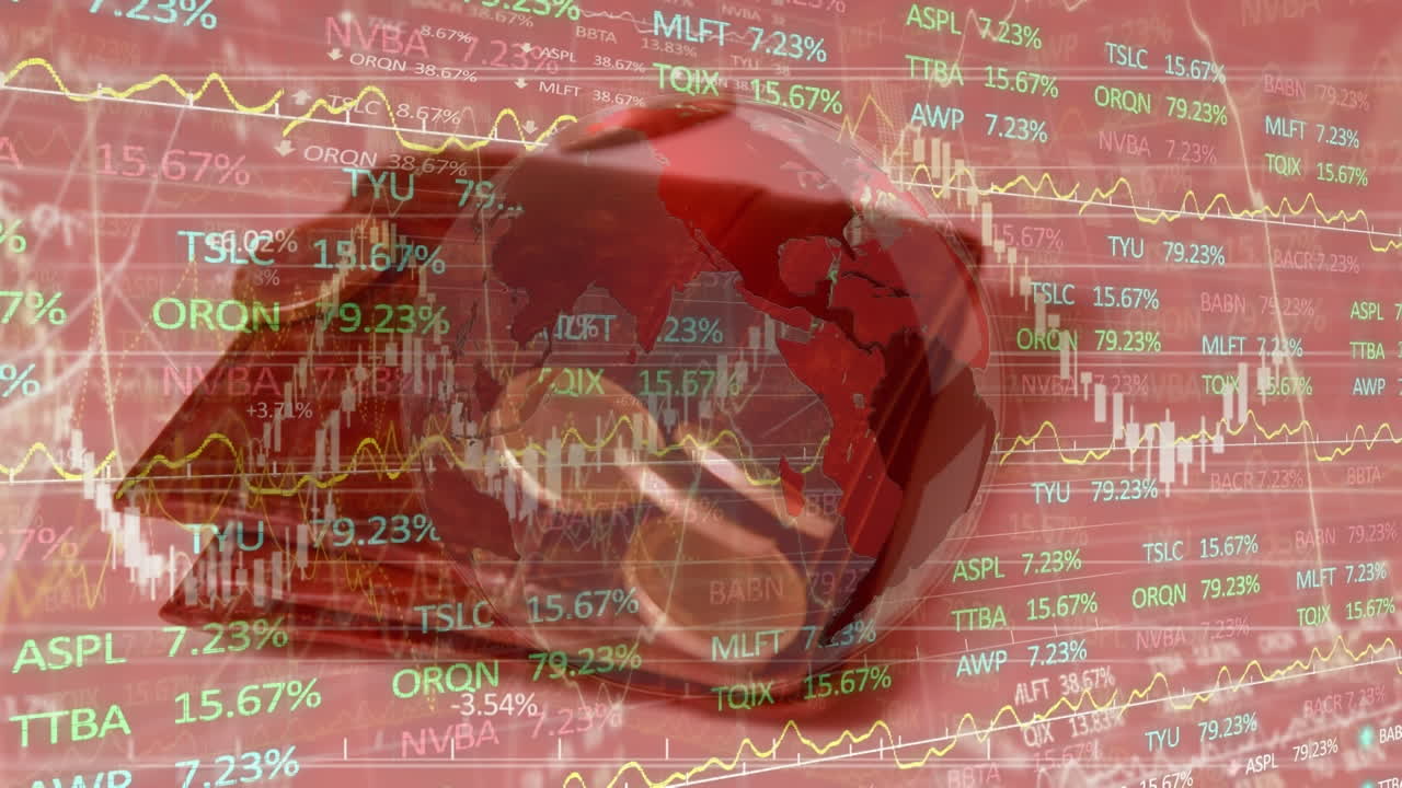 금융 데이터 처리의 애니메이션 및 전 세계 지갑 및 동전