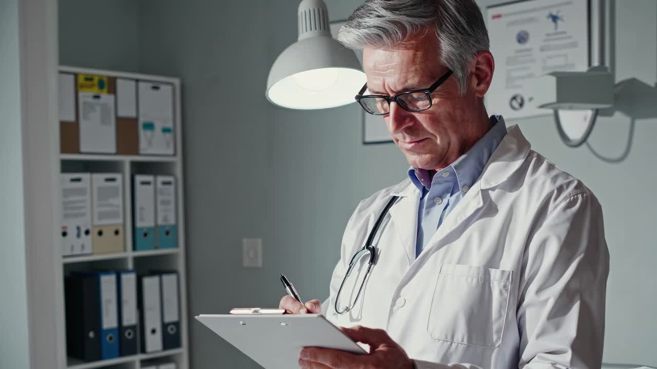 A doctor in a white coat writes on a clipboard in a well-lit office