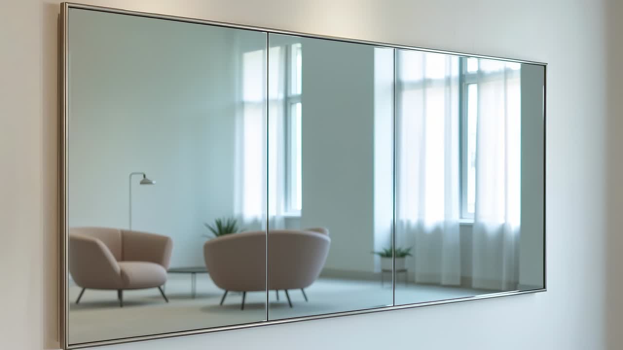 Panning camera with crew initiating slow leftward pan across three-panel mirror, showcasing lounge