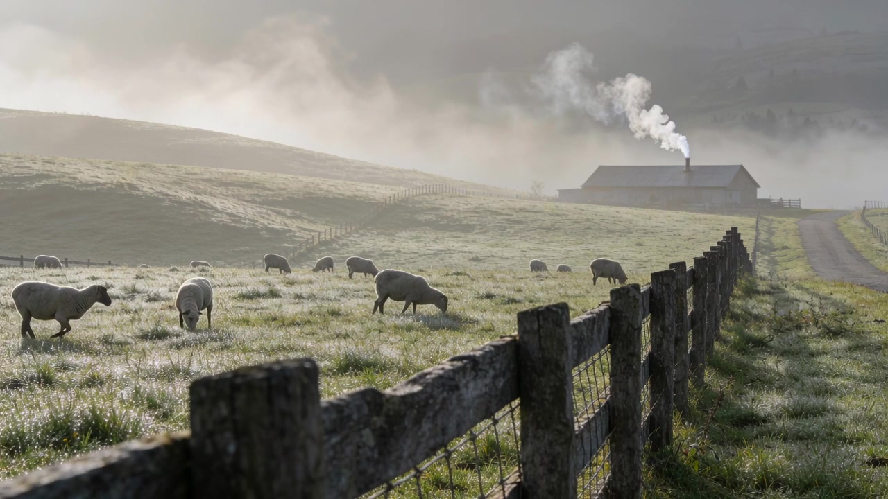 Registrando scene di campagna nebbiosa, catturando pecore che pascolano nel pascolo centrale a sinistra, una recinzione e il fumo di un fienile.