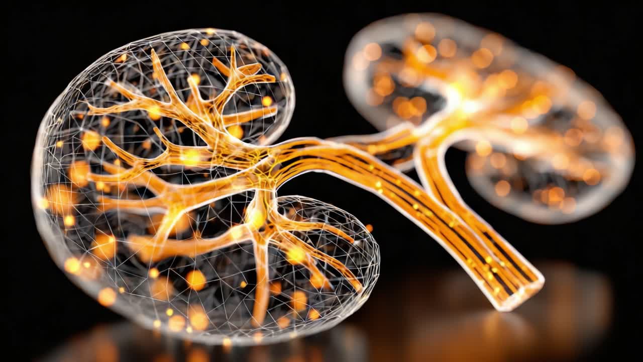 A Detailed Visualization of Human Kidneys Showcasing Intricate Neural Networks and Luminous Structures in a Stunning Artistic Representation