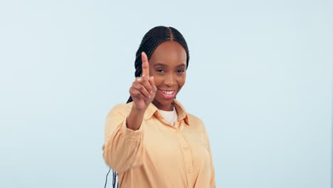 Face,-hand-pointing-and-black-woman-with-call-me