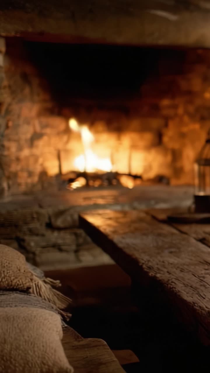 Atmosfera accogliente di un caminetto rustico con fiamme tremolanti e un bagliore caldo, perfetto per una rilassante serata in compagnia di amici o familiari.
