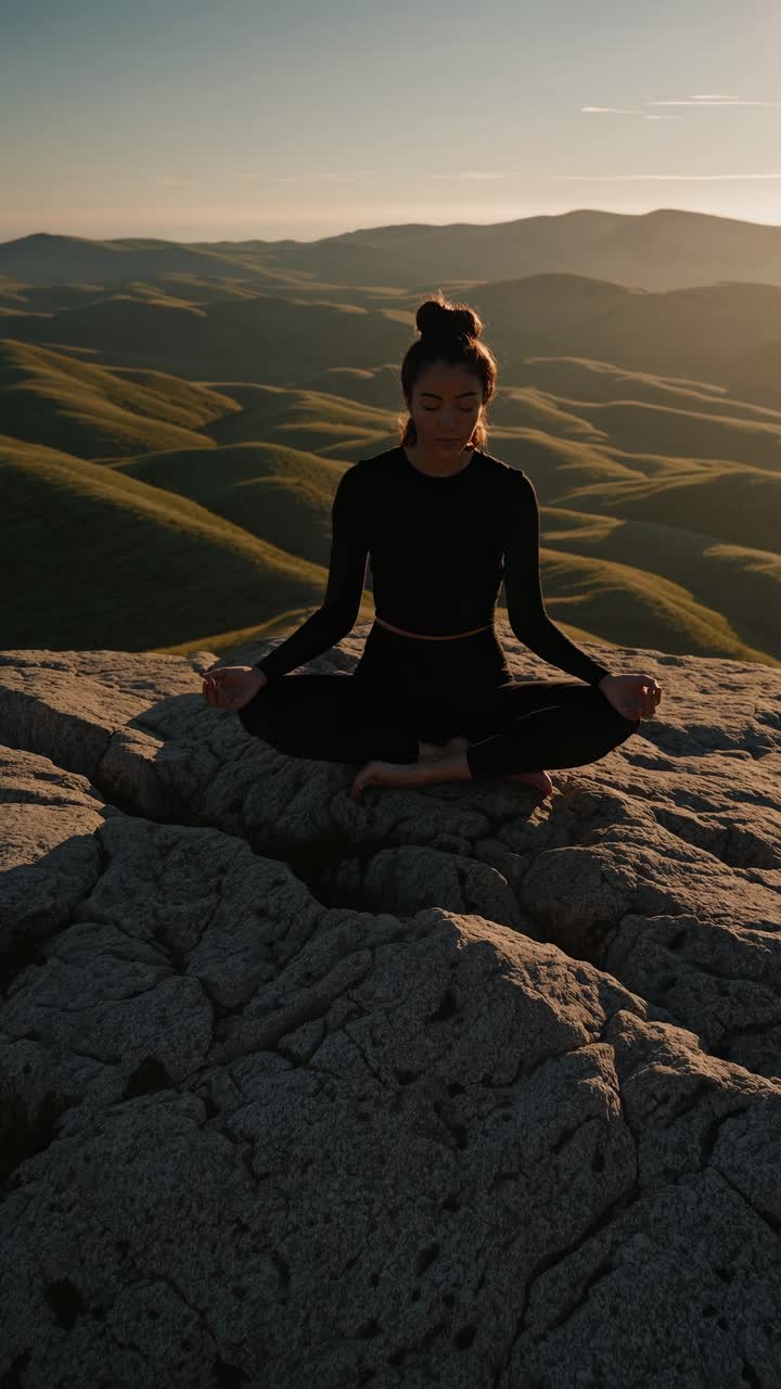 A serene video concept showing a woman meditating on a rocky hilltop at sunset