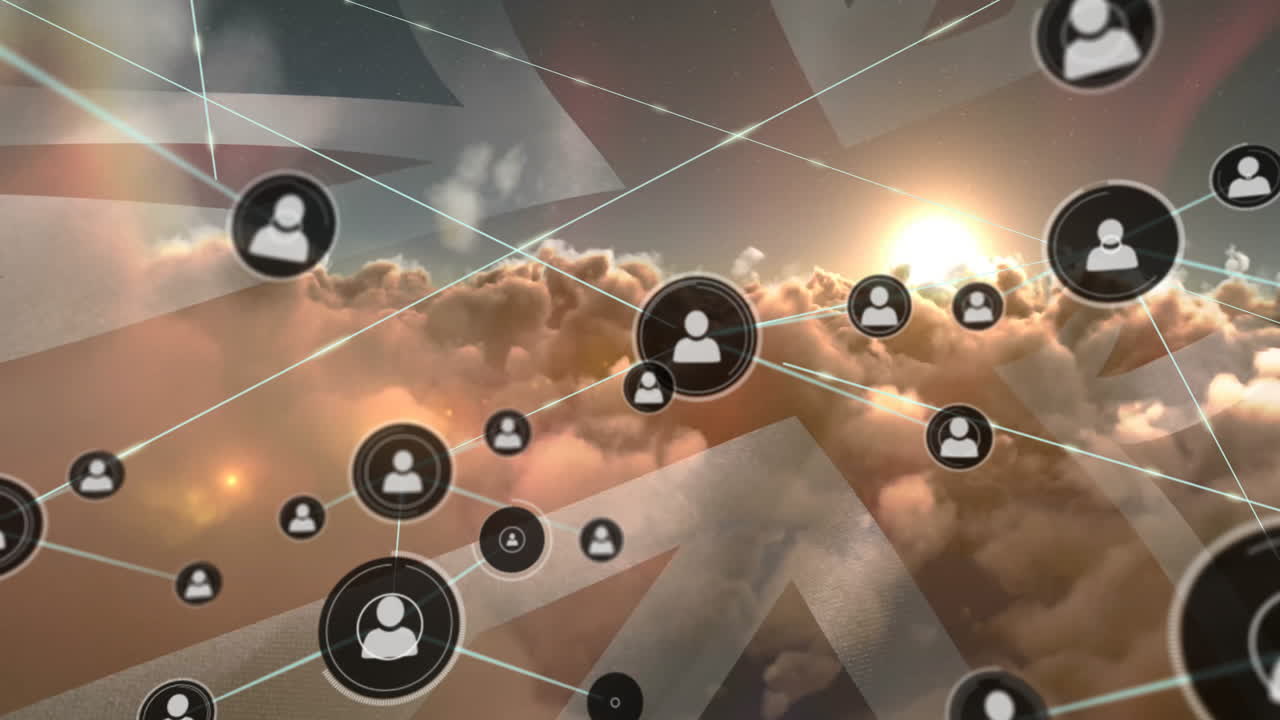 Network of connections and data processing animation over clouds at sunrise