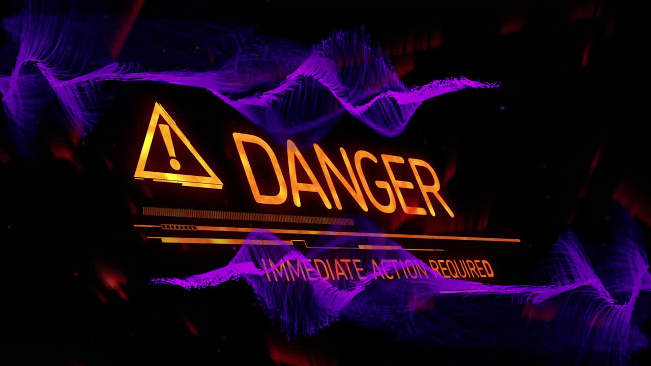 Animation of danger text over purple shapes on black background