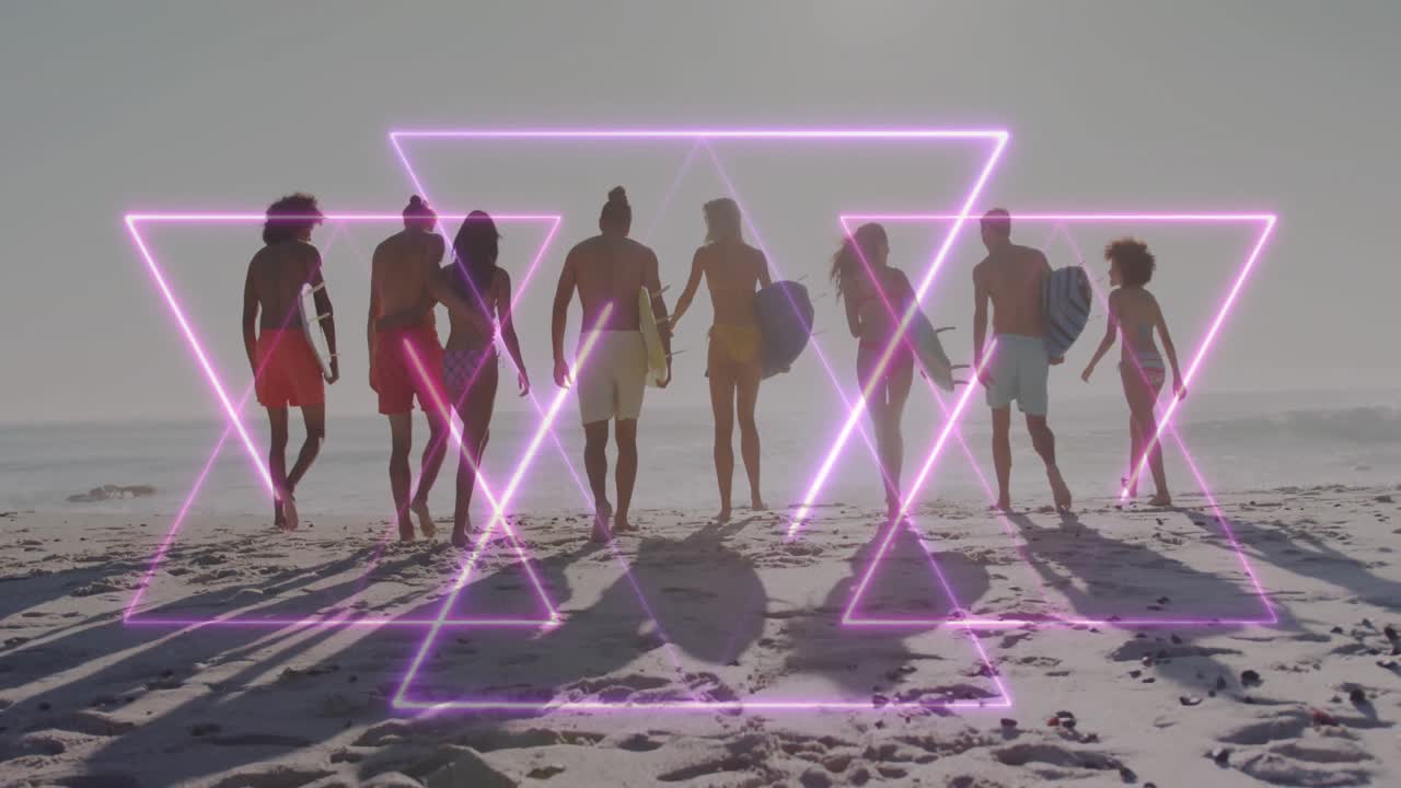 Animation of shapes over diverse friends at beach