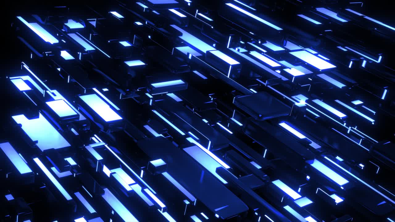 fondo azul oscuro de ciencia ficción. abstracto en bucle 4k oscuro bg cubos de neón bombillas. diferentes tamaños de cubos iluminación de red luz de neón azul, como la ciudad nocturna. visualización de tecnología blockchain