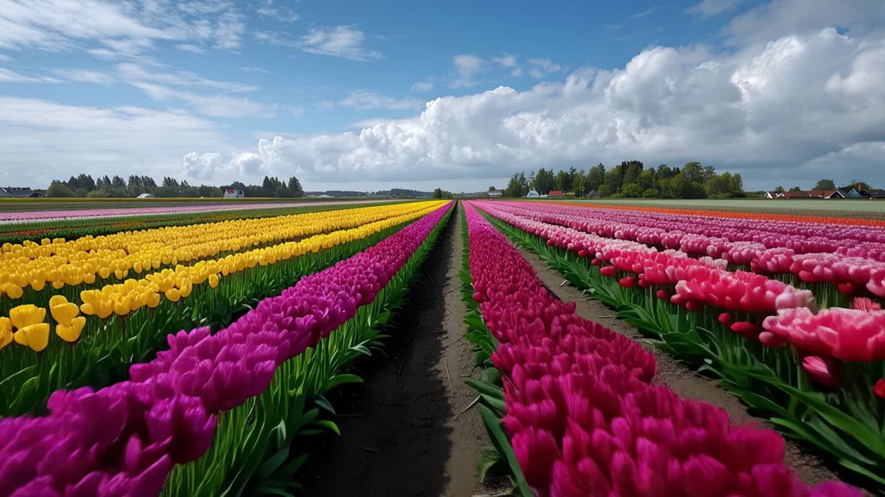 Tulipani vivaci fiancheggiano file ordinate sotto un cielo azzurro e tenue. Toni brillanti di rosa, giallo e viola si estendono verso orizzonti lontani. Le nuvole si muovono lentamente sopra il campo tranquillo.