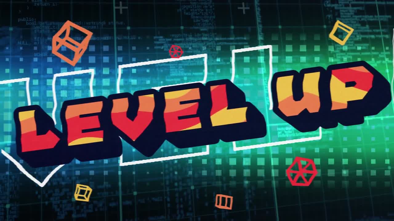 검은색 배경에서 모양과 데이터 처리에 대한 레벨 업 텍스트의 애니메이션