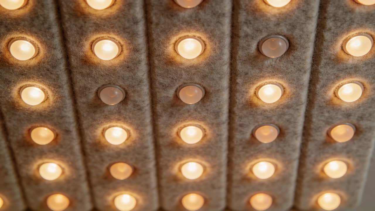 Driftende Kamera zentriert sich über Filzdeckenstreifen im Studio und zeigt Flimmern in warmweißen Lichtern.