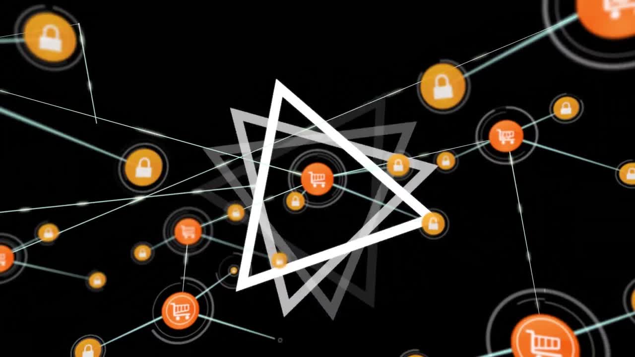 animación de la red de conexiones con iconos y triángulos sobre fondo negro