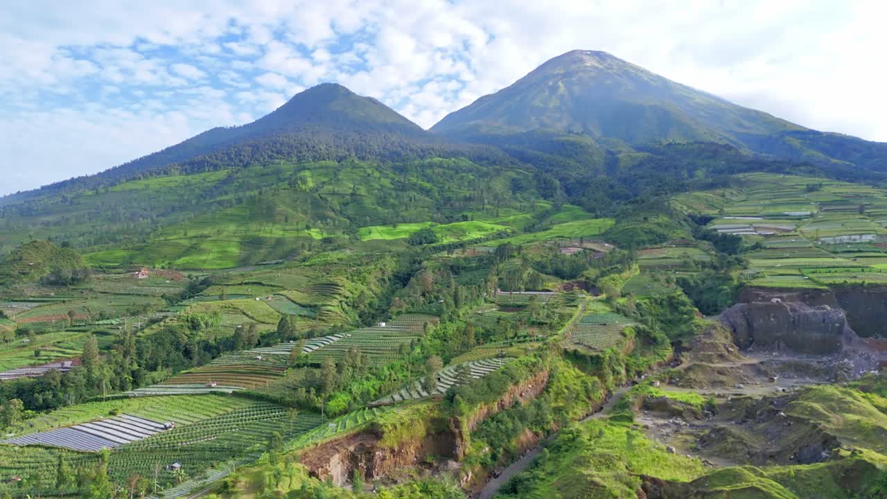 Aerial view of lush green tea and vegetable plantations on mountain slopes under bright blue sky. Scenic tropical highland landscape with farmland and natural beauty. Bedakah Tea Plantation, Indonesia