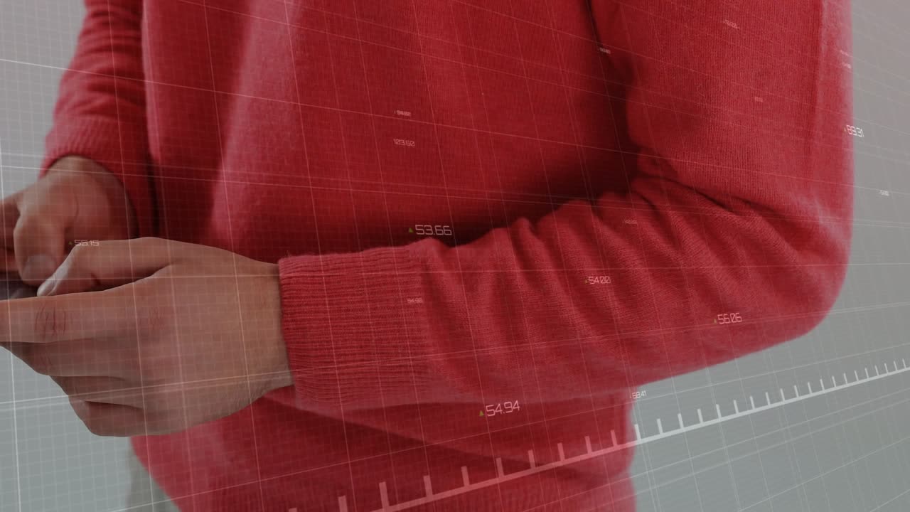 Adult man tapping and swiping phone at waist showing finance chart overlaying hands for market scan