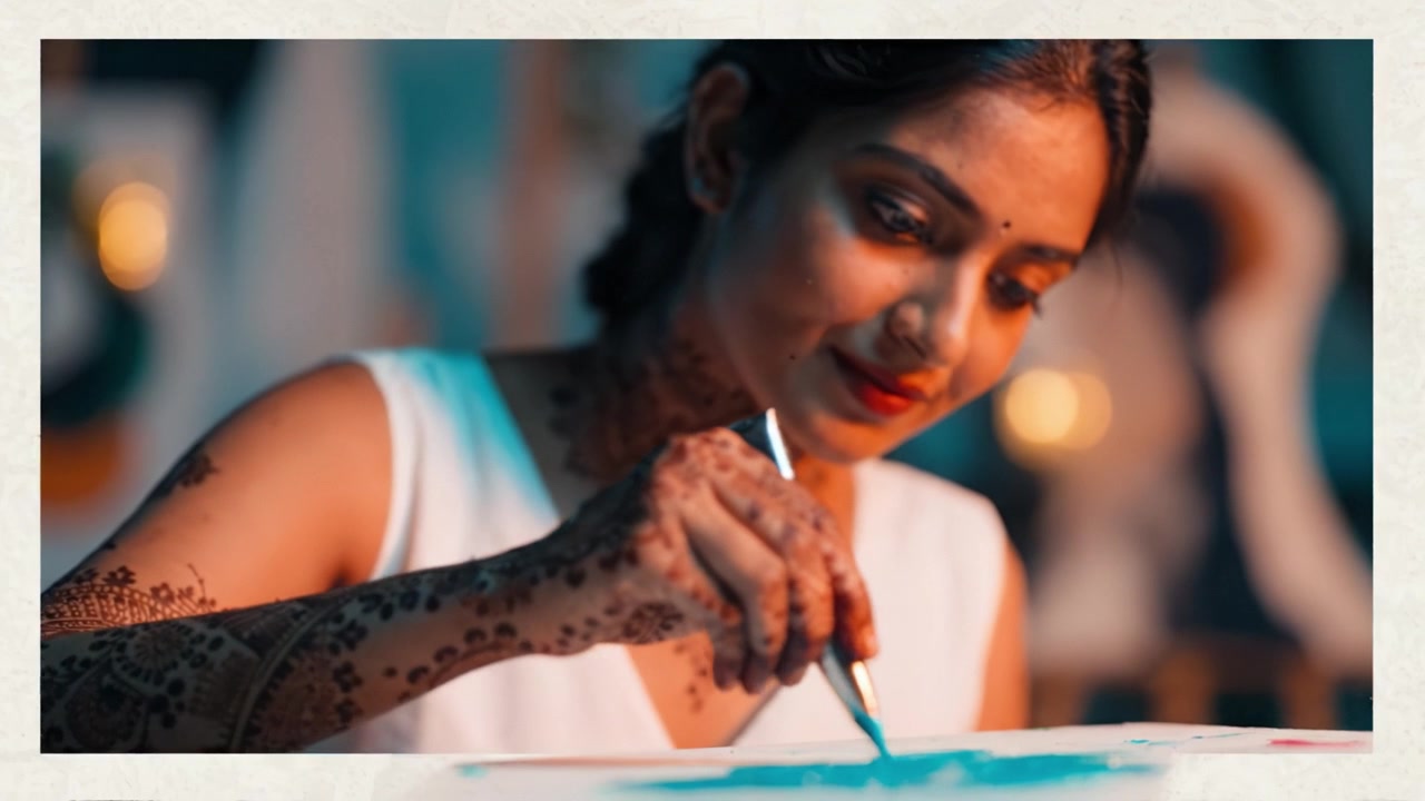 Artistic Creation: A Young Woman Engrossed in Painting with Intricately Designed Henna on Her Hands, Capturing the Beauty of Creative Expression
