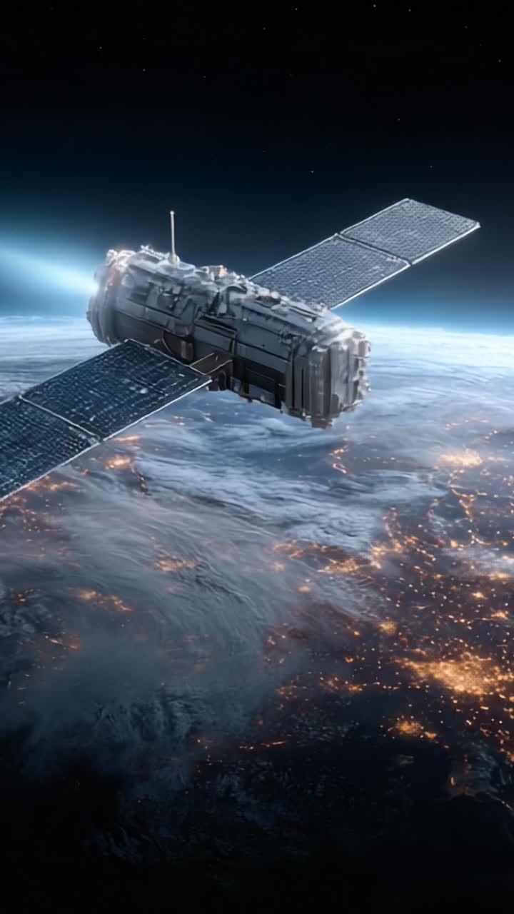 A Detailed View of a High-Tech Satellite Orbiting Earth, Showcasing Its Advanced Solar Panels and the Beautiful Twilight of the Planet Below