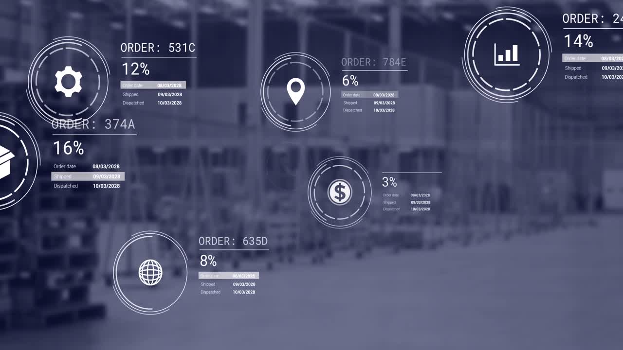 Animation of icons with data processing over warehouse
