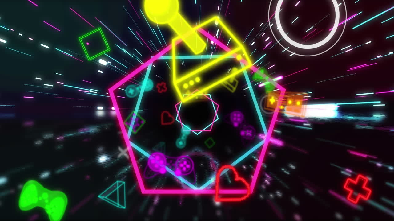 animación de videojuegos e íconos digitales procesamiento de datos a través de senderos de luz.