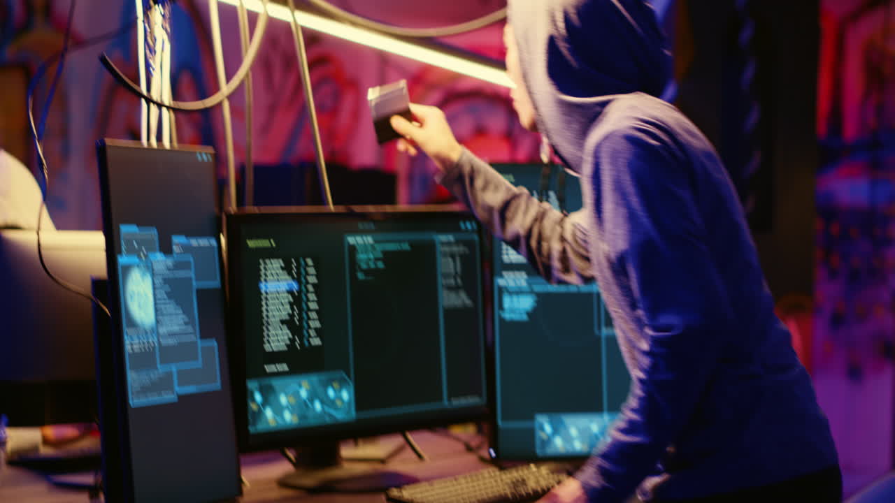 Hacker uploading software crack on SSD