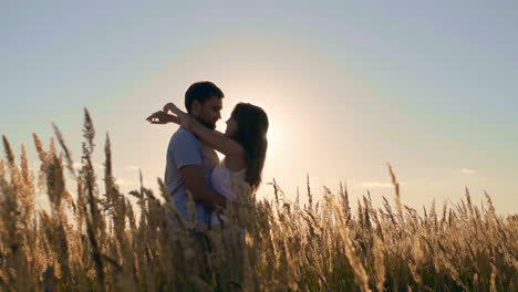 a young couple embraces and kisses romantically in a wheat field at dusk