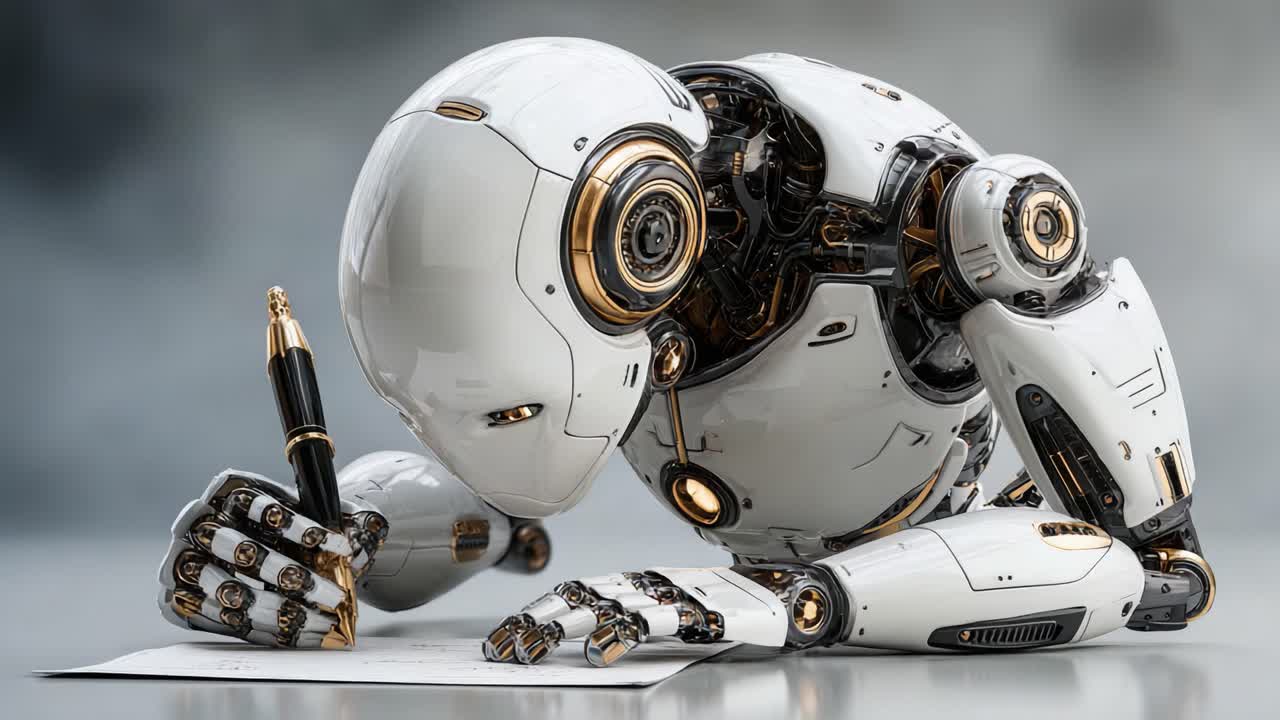 Un robot futuristico impegnato a scrivere con una penna, che mostra tecnologia avanzata e una fusione di arte nelle sue azioni.