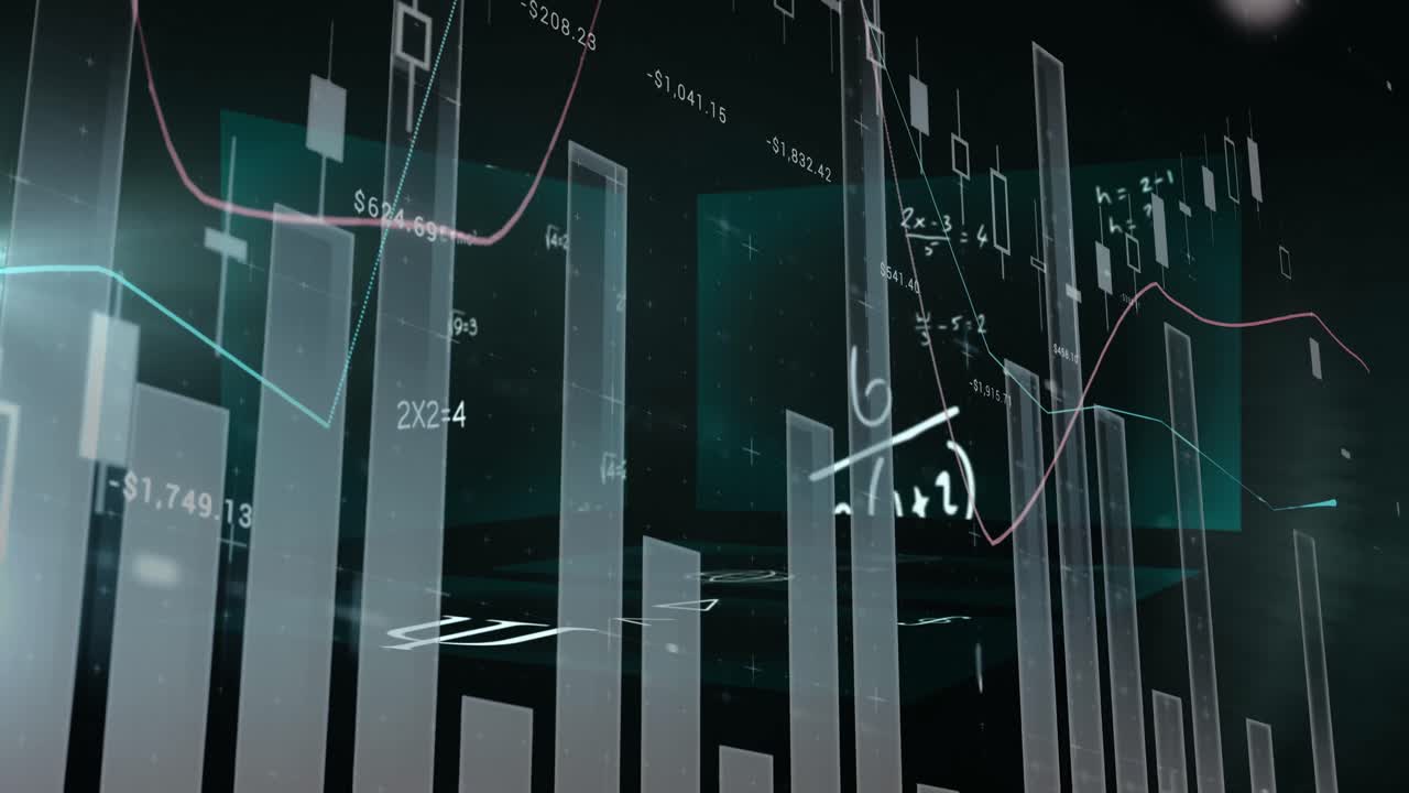 Animation of financial data processing and mathematical equations over black background