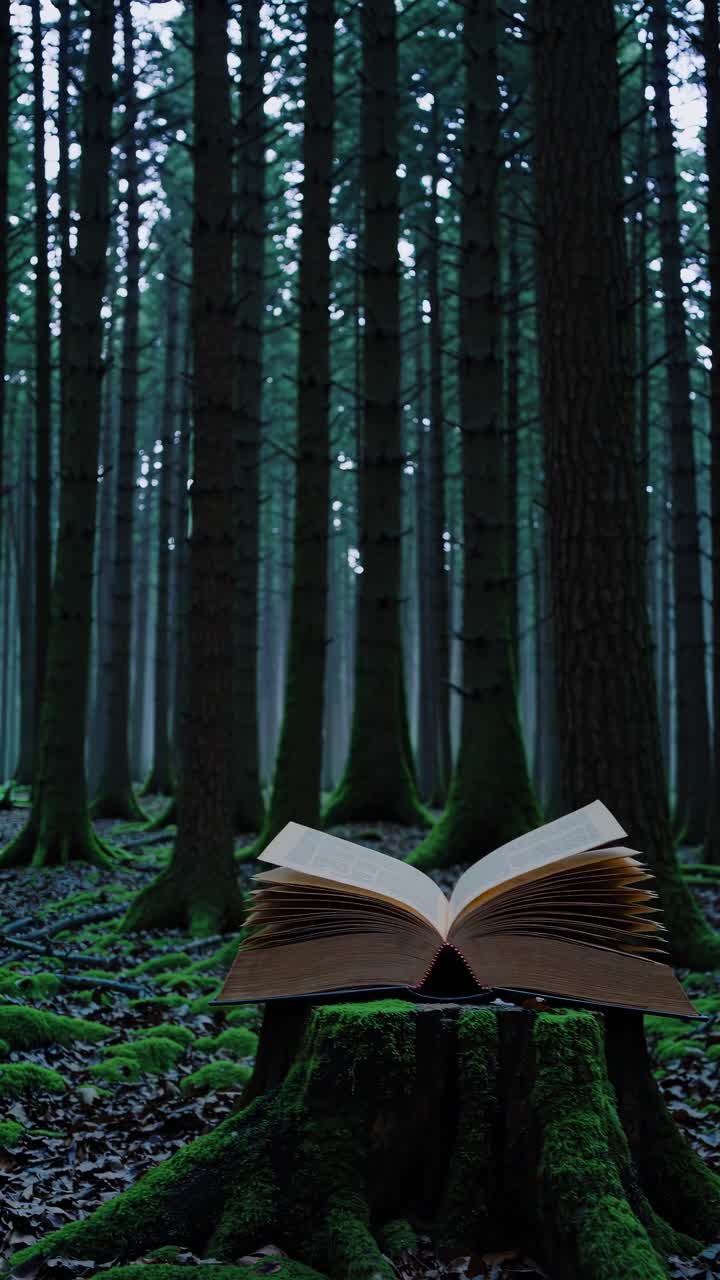A magical book emits swirling light in a forest. Captured from a low angle, the video evokes fantasy