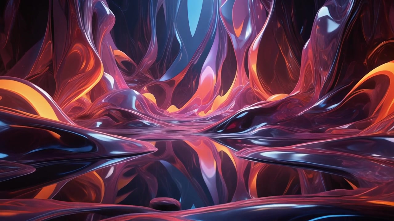 Movimento liquido astratto con riflessi arancioni e viola luminosi