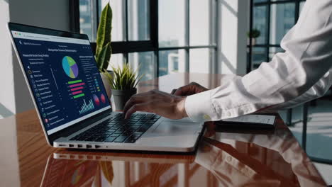person working on a laptop displaying data analysis charts in a modern office