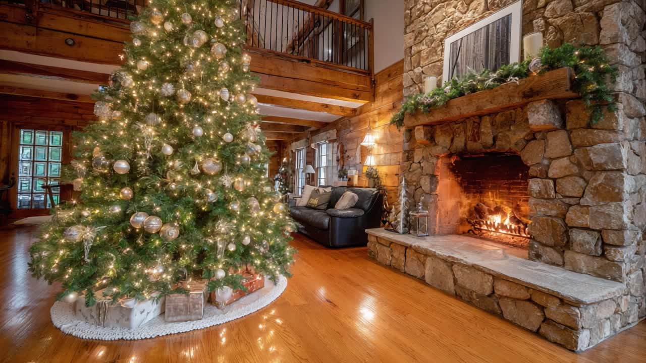 A Cozy Holiday Scene with a Sparkling Christmas Tree and a Warm Fireplace in a Charming, Rustic Living Room Interior
