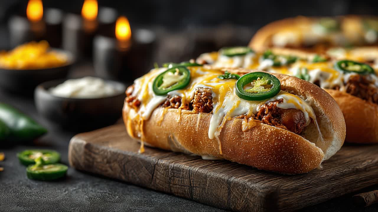Herkulliset juustoiset chili-hot dogit tuoreilla jalapeñoilla ja sulavalla juustolla rustiikkisella puulaudalla, pehmeän kynttilänvalon ja maukkaiden lisukkeiden ympäröimänä