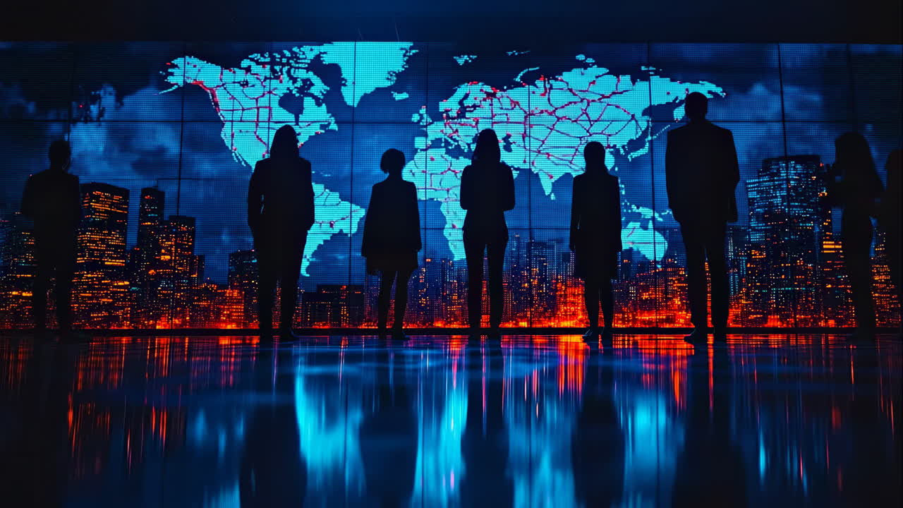 City skyline with onlookers. People stand silhouetted against a vibrant city skyline and illuminated world map display during a nighttime event