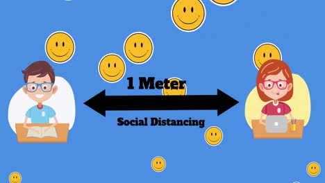 emoji de cara sonriente flotando contra el niño y la niña de la escuela manteniendo la distancia social