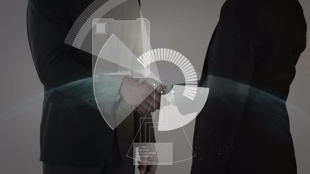 비즈니스맨과 비즈니스맨이 손을 흔들고 있는 중간 섹션에서 둥근 스캐너와 데이터 처리