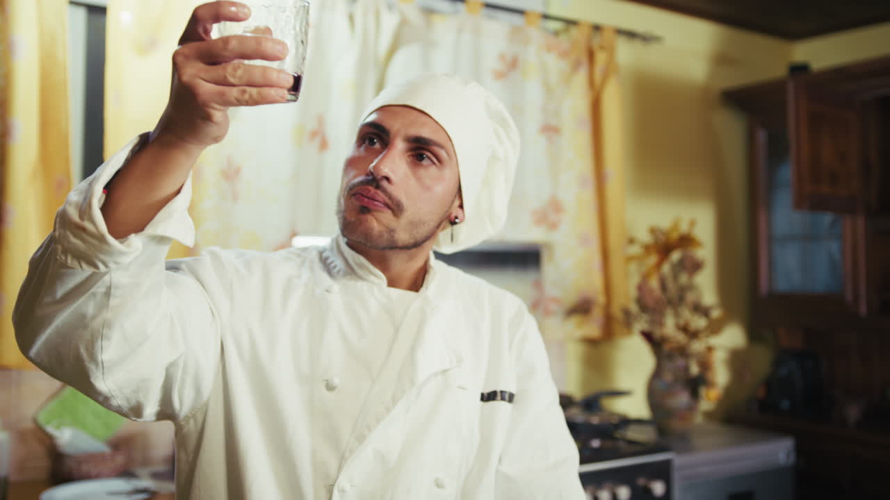 Man Dressed as a Chef Sips Red Wine He Produces in Calabria; Italy