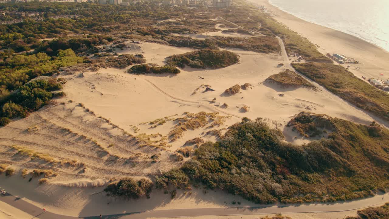 일몰 동안 kijkduin 해변의 녹지 위로 공중 전망